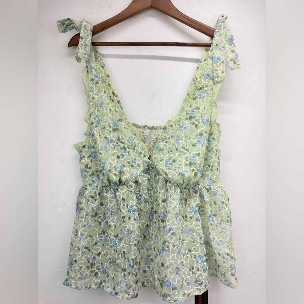 ROMWE size 12 Women’s Green Blue Floral Heart Lace Boho Fairycore Tank Top NWT